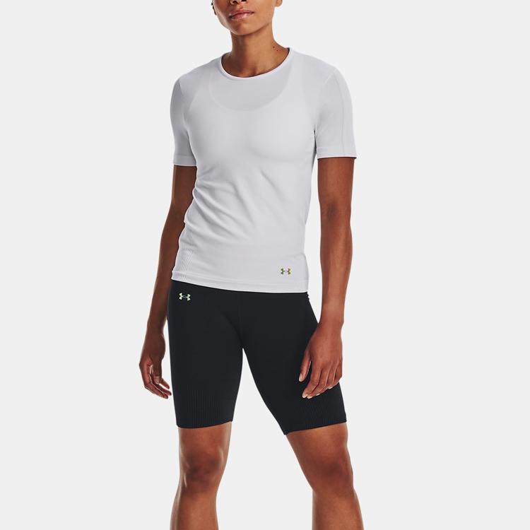 Under Armour Rush Series Seamless Solid Color Logo Embroidered Round Neck Short Sleeve T-Shirt Women Tops White 1373929-100