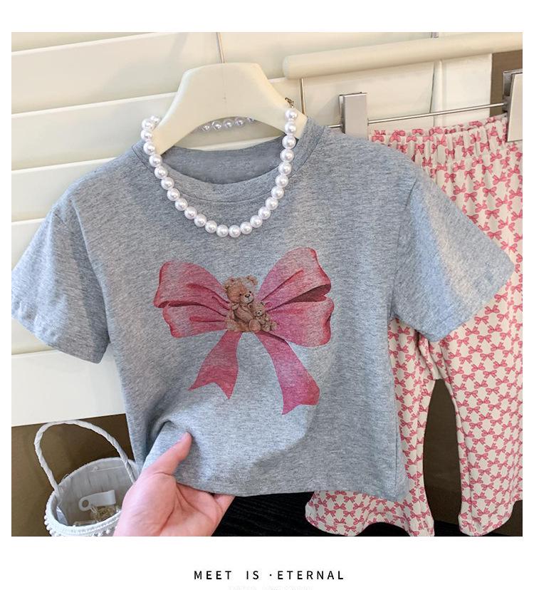2024 Girls' Summer Bear Butterfly T-Shirt & Flared Pants Set