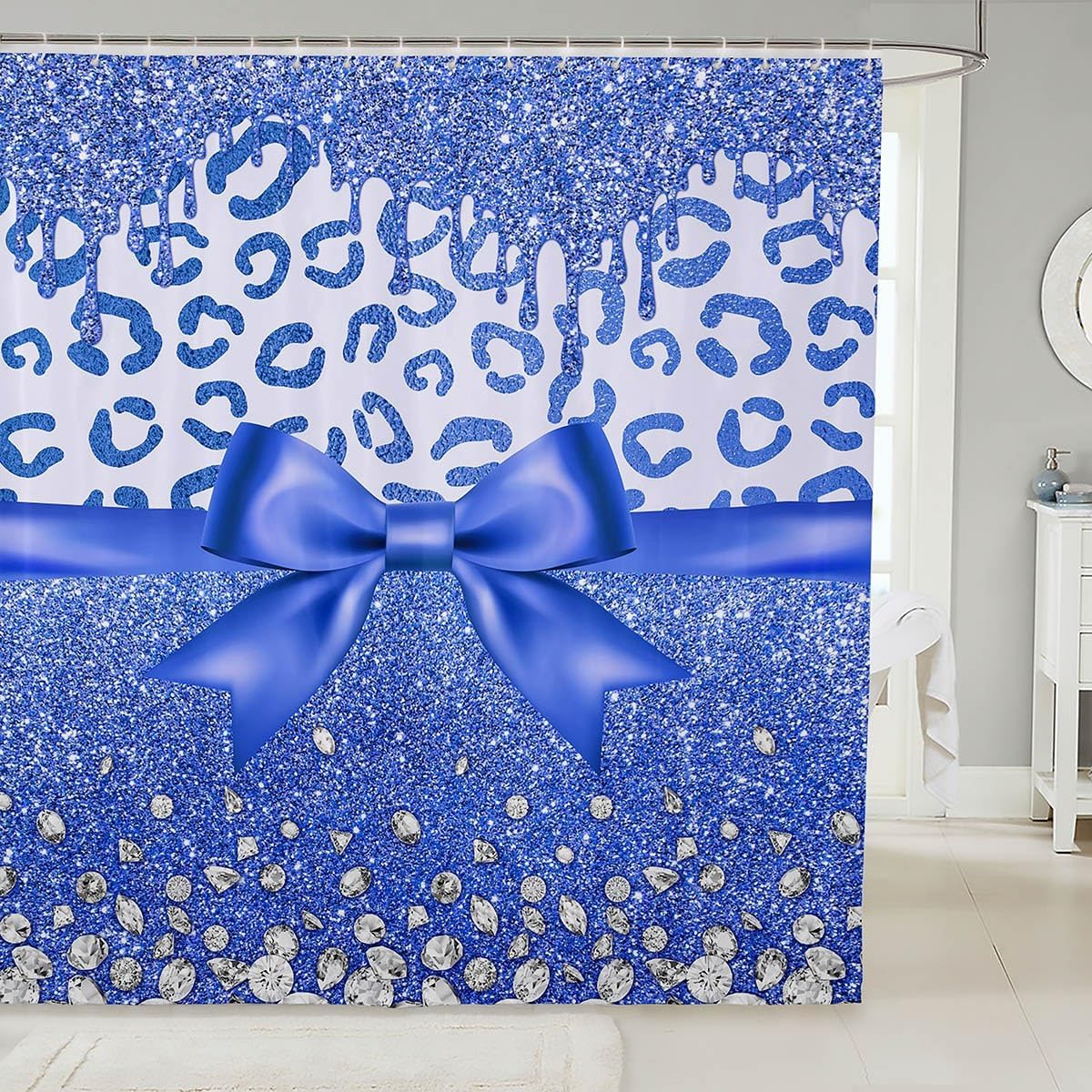 

Розовая шторка для душа с блестками и бантом, абстрактная леопардовая, гепардовая, зебровая кожа, для девочек, женщин, с бантом, блестящая, с бриллиантами, занавеска для ванной 90x180cm-35x70in