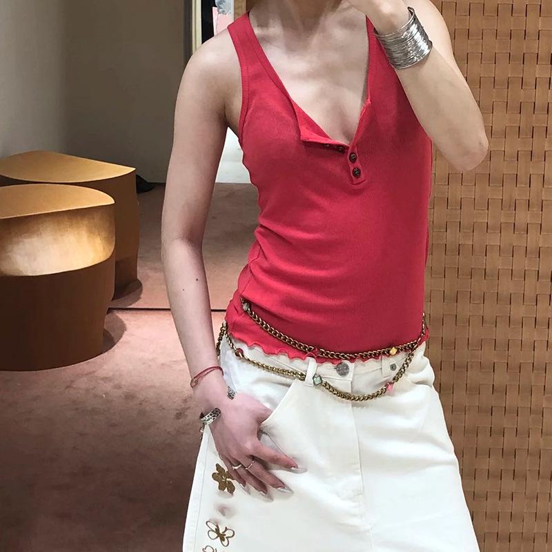 Casual Cotton Henley Collar Ribbed Tank Top - Sleeveless, Stretchy, Slim Fit for Spring/Summer Medium красный