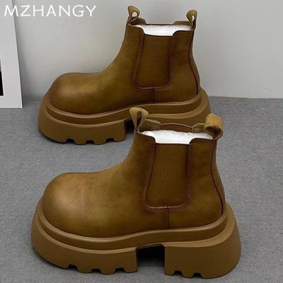 Platform Women Ankle Boots Leather Mid Heels Shoes Woman 2025 Trend Snow Boots Designer Goth Winter New Motorcycle Boots Mujer