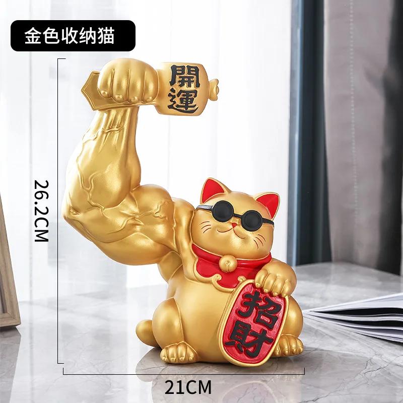 Golden Cat Figurines Muscle Arm Lucky Cat sculpture Ornaments Resin Storage Tray Storage cup holder key holder  Decoration