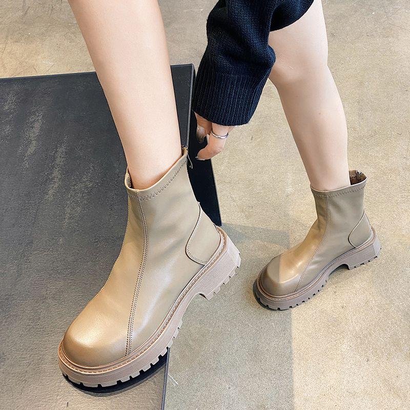 Round Toe Chunky Woman Short Shoes Autumn Winter Leather Waterproof Booties Fleece-Lined Ankle Boots for Women High Quality Boot