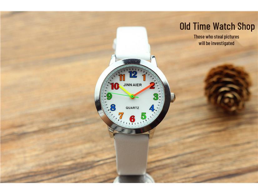 Popular Kids' Cartoon Quartz Watch with Colorful Numbers and Leather Strap for Elementary School Boys and Girls