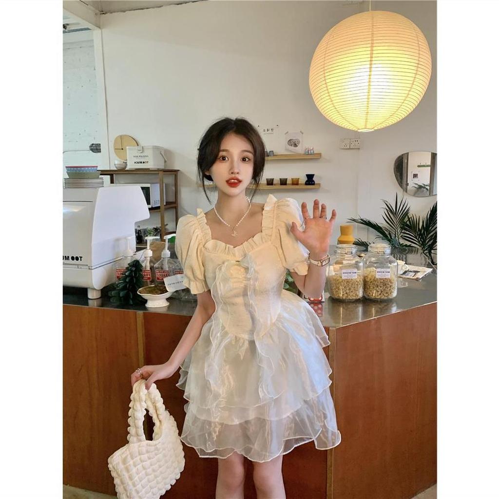 Summer princess sweet and spicy style dress women's youth sweet three-layer gauze skirt girl fluffy cake skirt bow