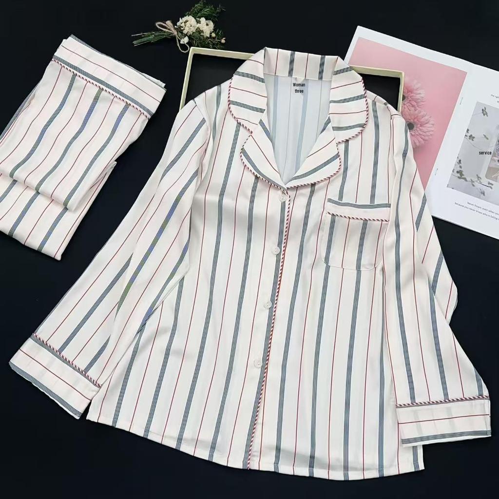 Women's Korean Style Striped Ice Silk Pajama Set - Long Sleeve & Pants, Soft & Versatile for Home or Casual Wear
