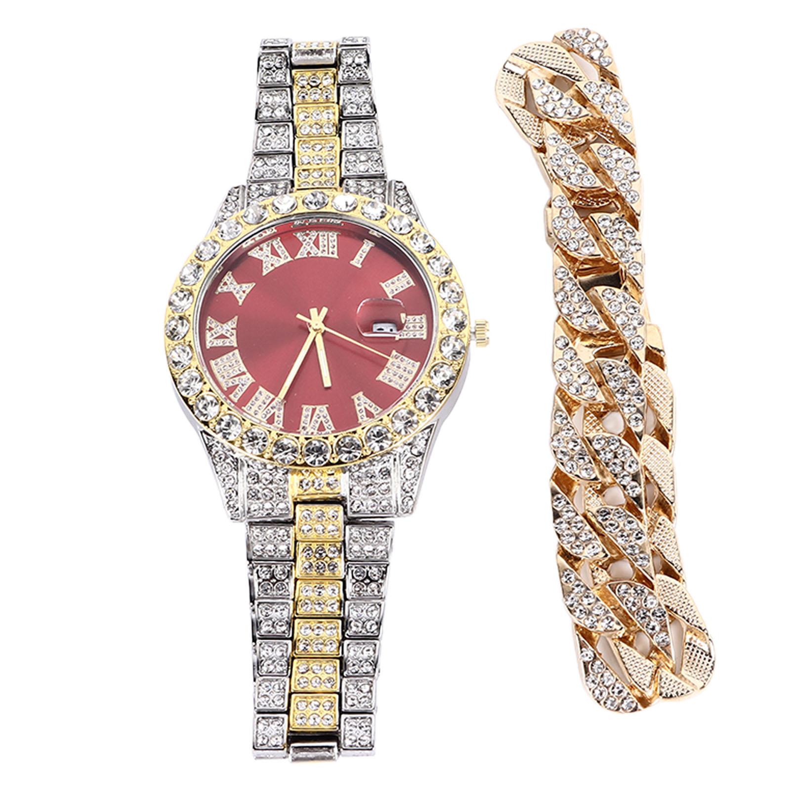 

Набор часов-браслетов с бриллиантовой отделкой, встроенным календарем, ремешком из нержавеющей стали, деловые кварцевые часы для мужчин, подарок