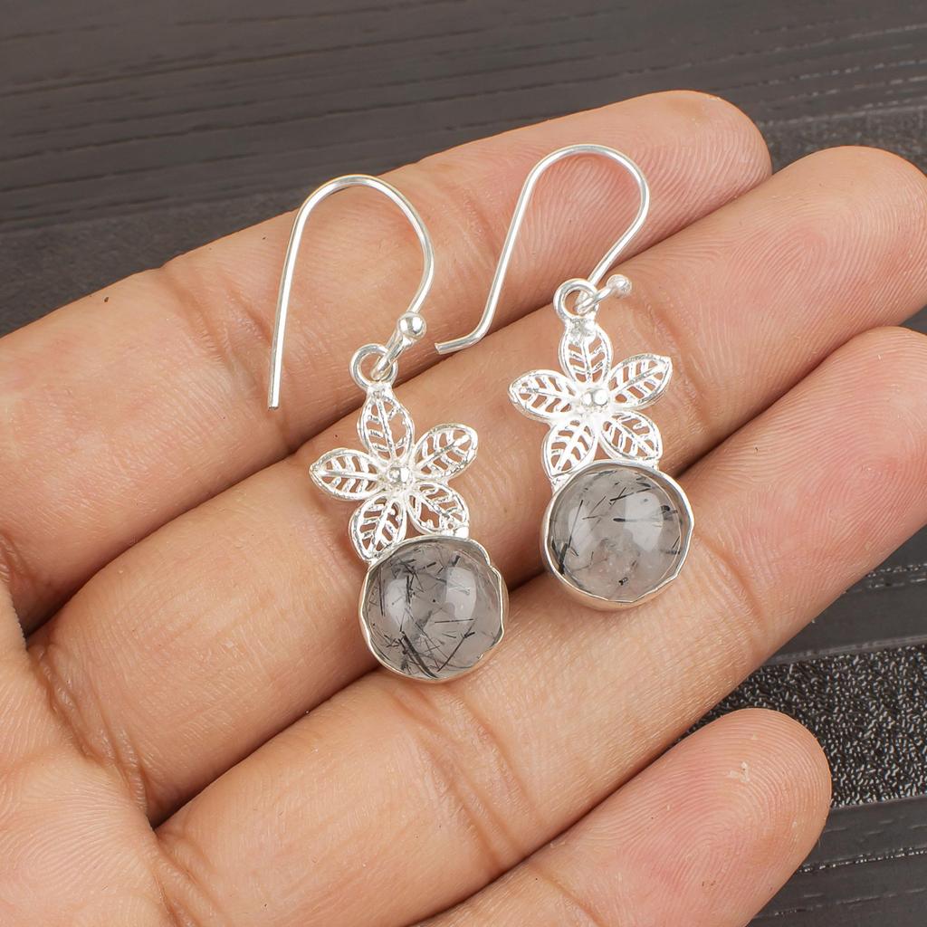 Black Rutile 925 Solid Sterling Silver Earrings, Handmade Gemstone Earrings Jewelry, Gifts For Wife Brand New Earrings