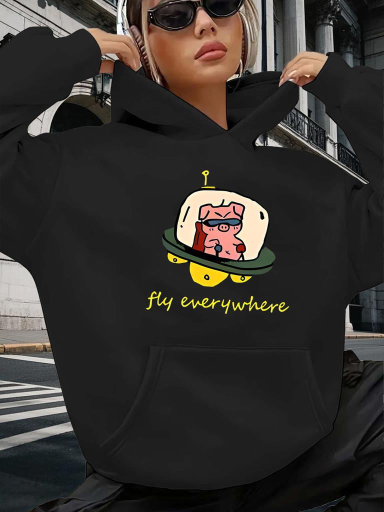 Women's Hoodie Spaceship Pig Cartoon Print 2025 Autumn/winter Hoodie Long Sleeved Women's Top Sweatshirt Casual Clothing