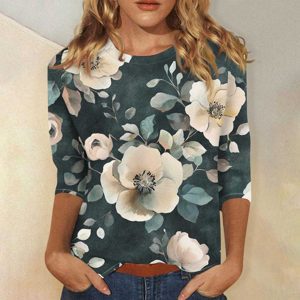 Women's Fashion Casual Three-quarter Sleeve Floral Print Round Neck Pullover Top