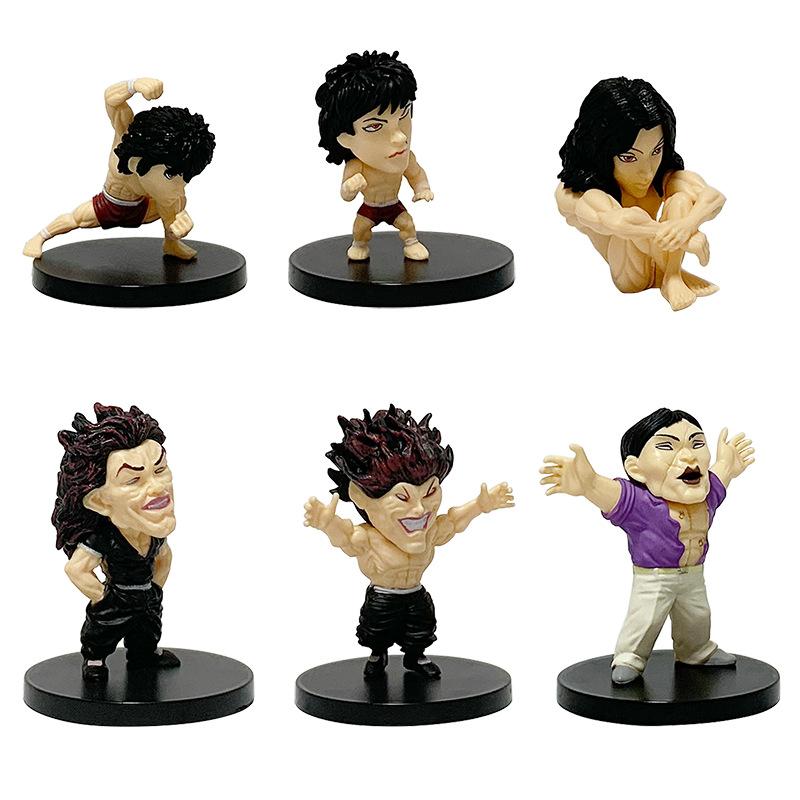 Lot de 6 Pièces/Ensemble Figurine Anime Hanma Baki 5-7.5cm Version Q Muscle Hanma Yujiro Cornichon Voiture Ornements de Bureau Jouets de Collection Cadeaux Poupées