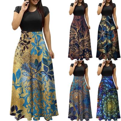 Summer Dresses For Women 2023 Fashion Casual Floral Print Round Neck Short-Sleeved Large Size Maxi Dresses