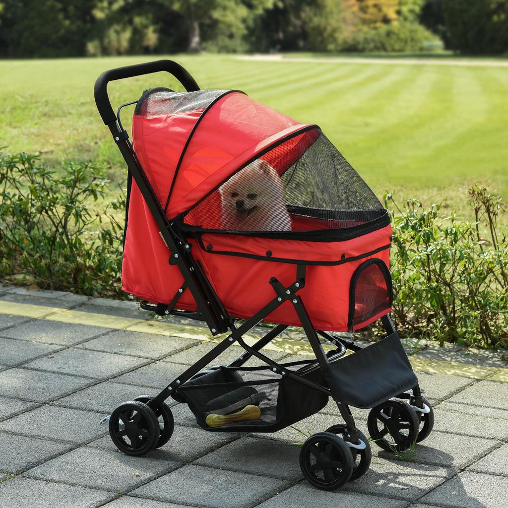 Pet Stroller Pushchair Foldable Travel Dog Cat Carriage w/ Reversible Handle Brake Basket
