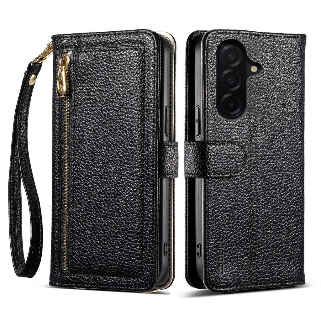 ESEBLE E11 For Samsung Galaxy S25 FE Case Zipper Pocket Litchi Texture Leather Phone Cover with Mirror and Wrist Strap