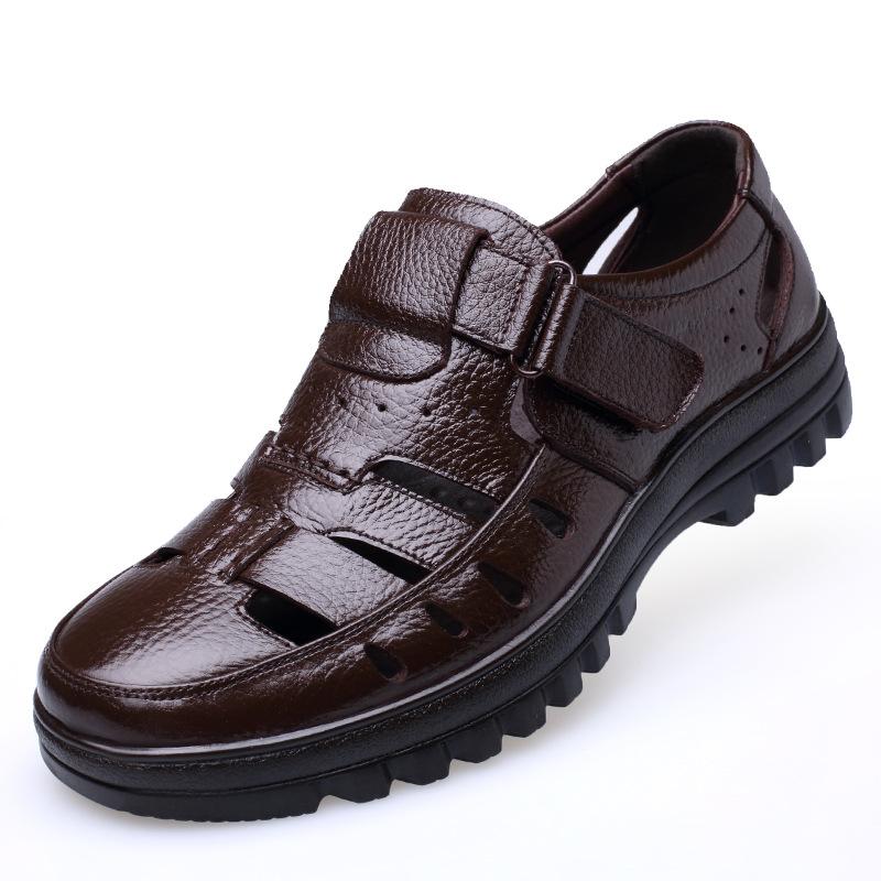 Hollow Leather Shoes Men's Leather Soft Sole Velcro Hole Hole Father Summer Sandals Breathable Men's Casual Shoes Middle-aged and Elderly