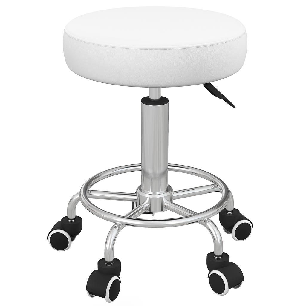 Salon Stool, Height-Adjustable, Faux Leather, Up To 110 Kg, Diameter 42x50-64H Cm, White