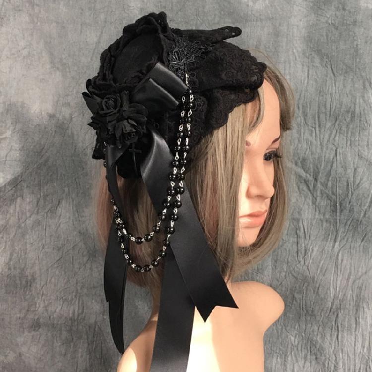 Halloween Hair Ornaments Vintage Lace Top Hat Ribbon Bowknot Gothic Headdress