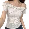 Summer New Style Pure Desire Design Ruffled Polka Dot Short-Sleeve T-Shirt for Women, Off-Shoulder Niche Slim-Fit Flattering Top