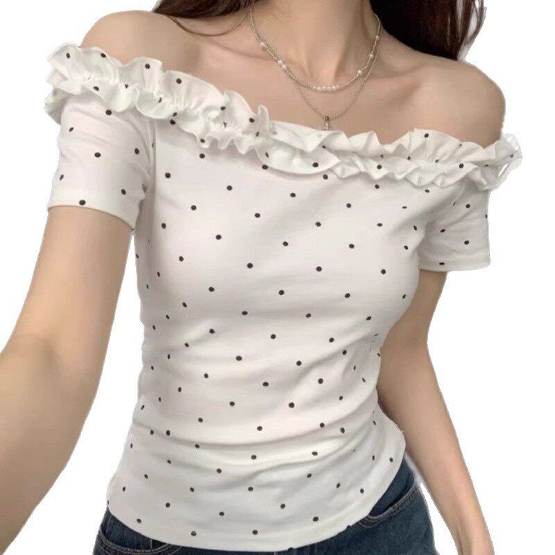 Summer New Style Pure Desire Design Ruffled Polka Dot Short-Sleeve T-Shirt for Women, Off-Shoulder Niche Slim-Fit Flattering Top