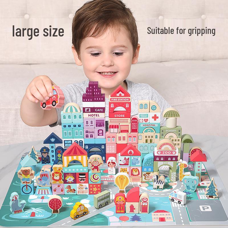 100-Piece Wooden City Street Building Blocks for Kids, Ages 1-3