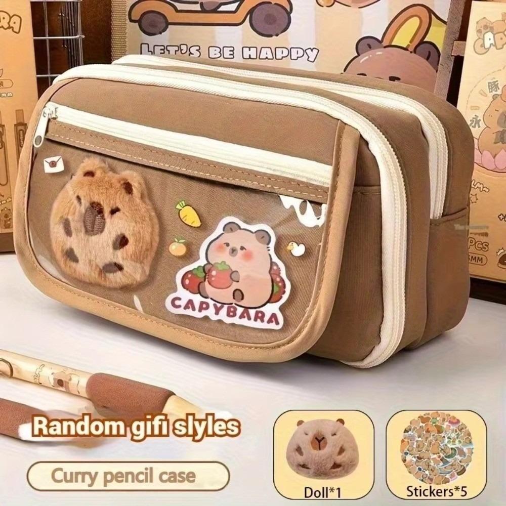 7Pcs Zipper Closure Capybara Pencil Case Large Capacity Stationery Bag Pen Bag  Office Use