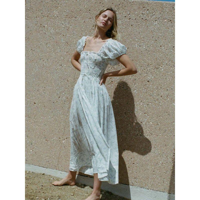 Fresh Pastoral Blue Bell Flower Square Collar Jumpsuit Fairy Dress