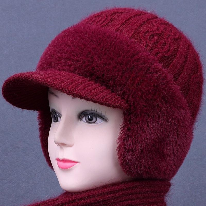 

Норкова оксамитова шапка з вовни, що захищає вуха, та набір шарфа для жінок - Зимова в язана качиний дзьоб