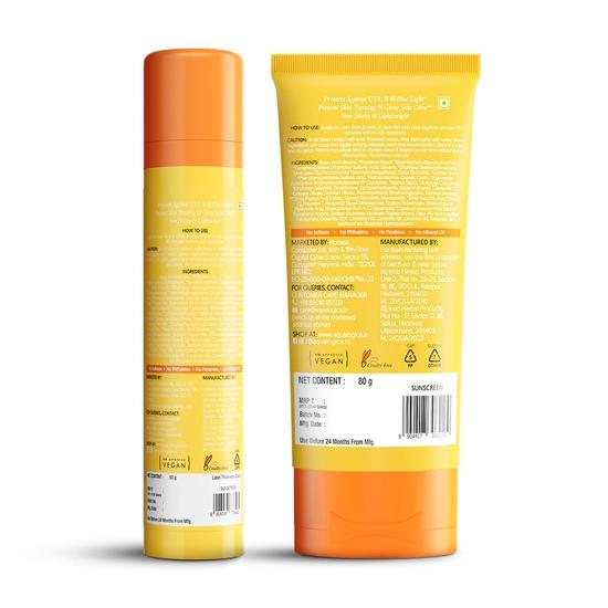 Aqualogica Glow+ Rozjasňujúci opaľovací krém pre všetky typy pleti s papájou a vitamínom C s SPF 50 a PA++++ - 50G + 80G, Balenie 1 ks