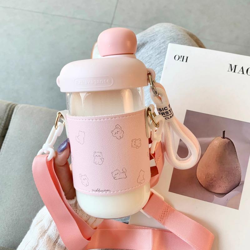 Cute Cats Glass Water Bottle With Straw Sleeve Strap 500/850ml Coffee Juice Tea Glass Cup Tumbler Girl Drinking Bottle BPA Free