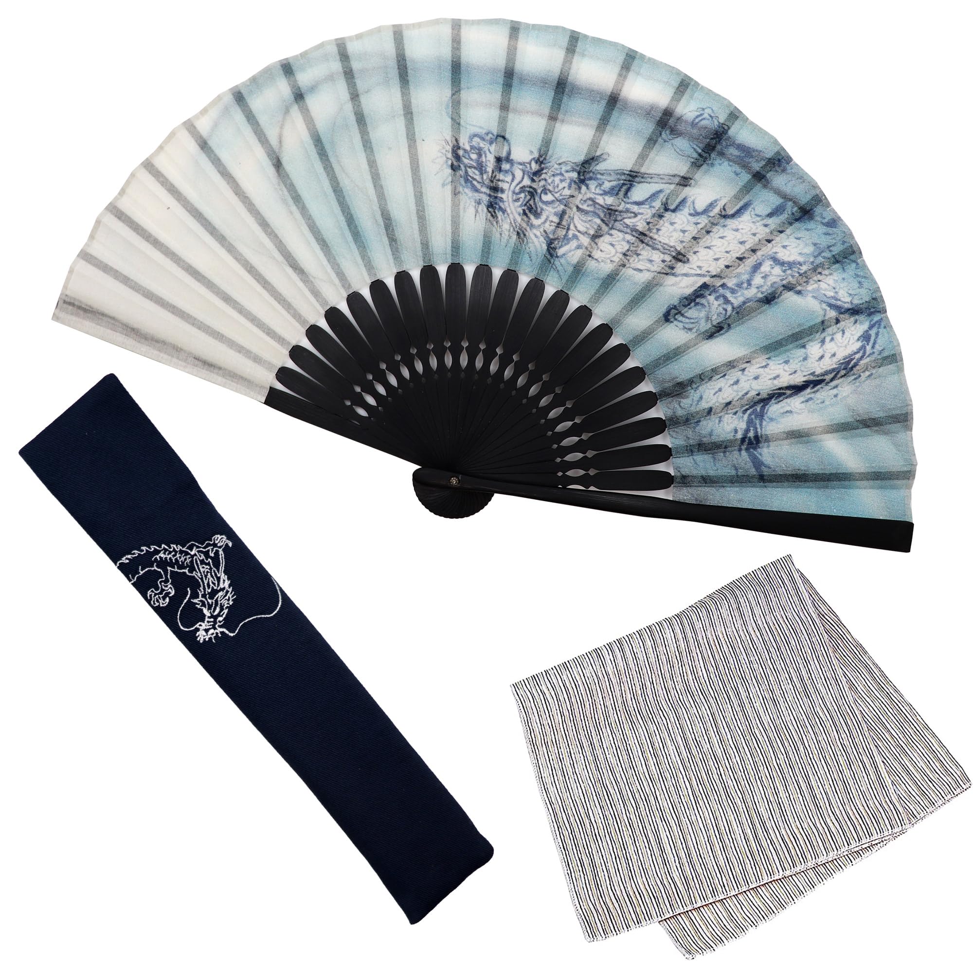 

Складной веер для складного веера набор складных вееров с Рюун [Осака Чосейдо] мужской, стильный, деловой, сумка, держатель, носовой платок, (Синий дракон)