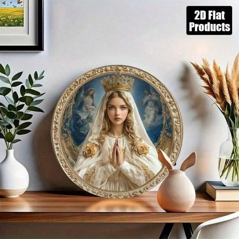 Virgin Mary Gold White Religious Metal Poster 8x8 Inch Wall Art for Living Room
