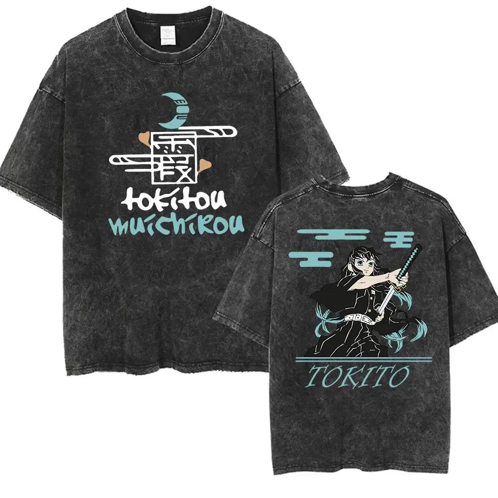 Hot Sale Demon Slayer Tokitou Muichirou Graphics Print T-shirt Men Women Vintage Washed Cotton Loose Casual Oversized Short Sleeve Streetwear Top
