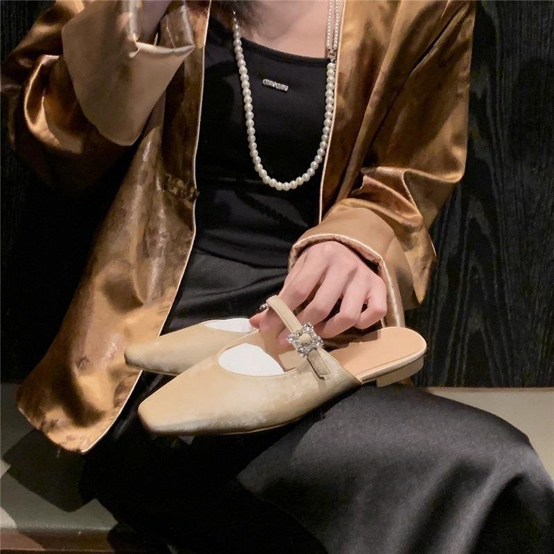 French word with bag head slippers 2025 summer new diamond buckle single shoes women's flat Muller half drag