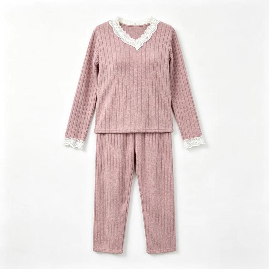 European & American V-Neck Lace Ribbed Women's Pajama Set - Fashionable, Casual Two-Piece Home Wear