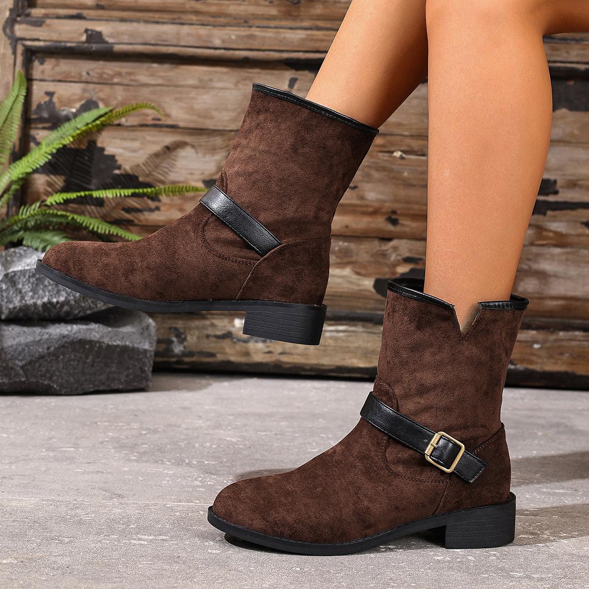 

Retro artistic round toe thick heel low cut boots women s autumn new style simple comfortable height increasing women s shoes 43