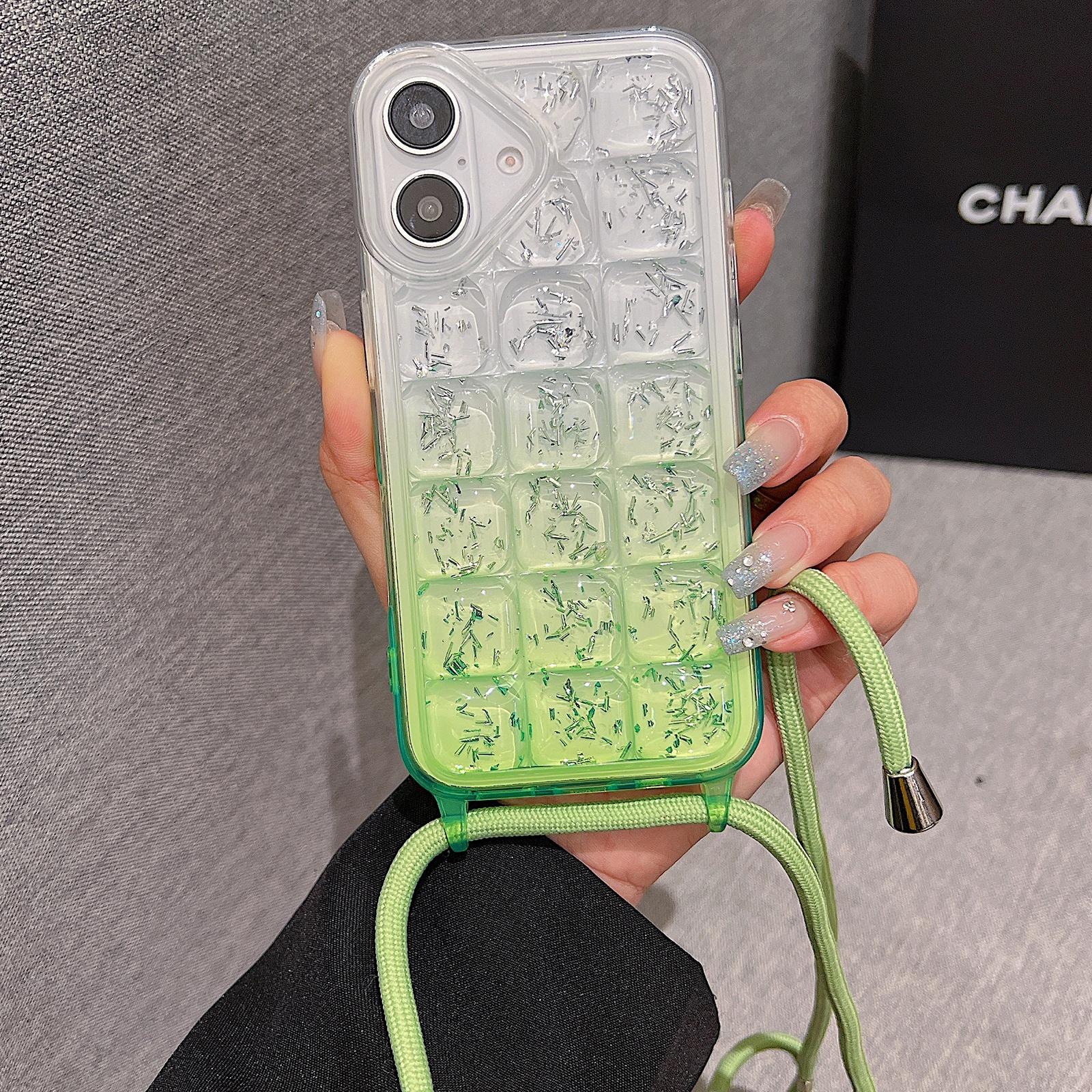 

For iPhone 16 Case Gradient Epoxy TPU Soft Phone Cover with Long Lanyard Green