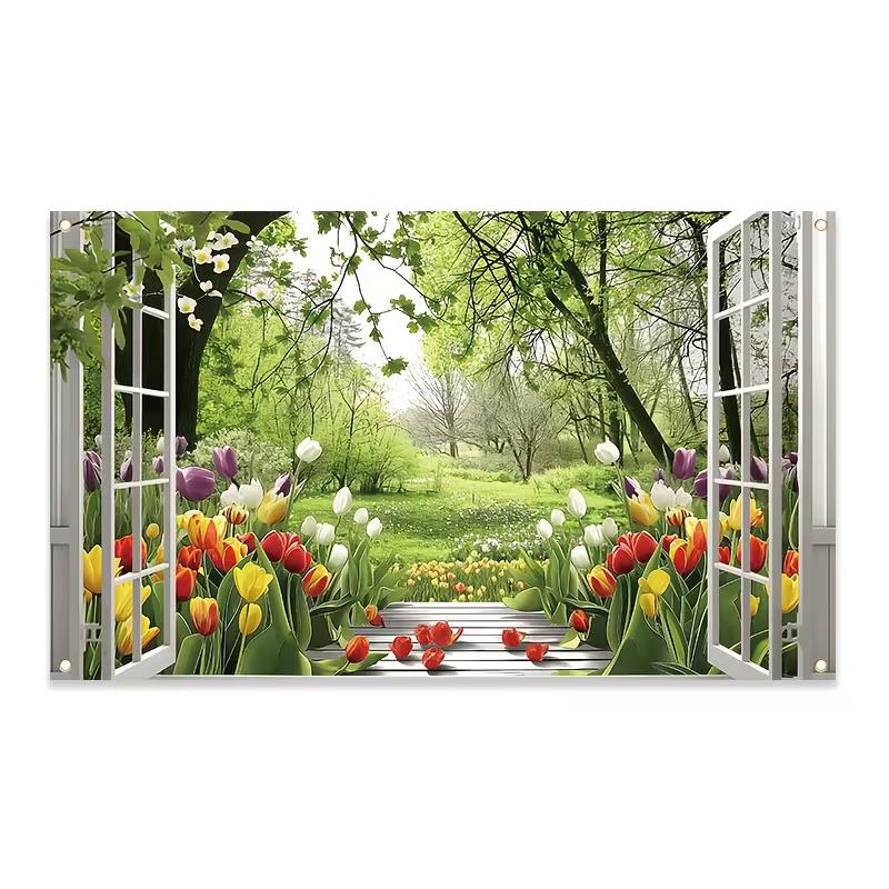 Rustikales Fensterbild Grüner Wald Tulpenblumen Foto Hintergrund