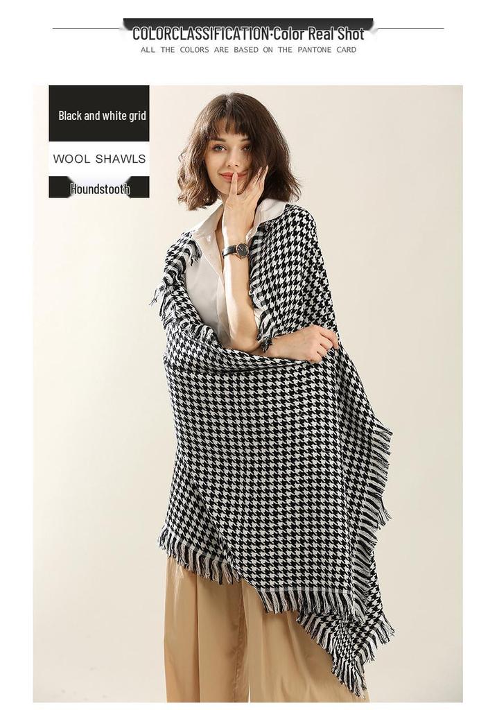 Inner Mongolia Houndstooth Wool Shawl: Dual-Use Long Tassel Scarf for Women - Autumn/Winter Collection.