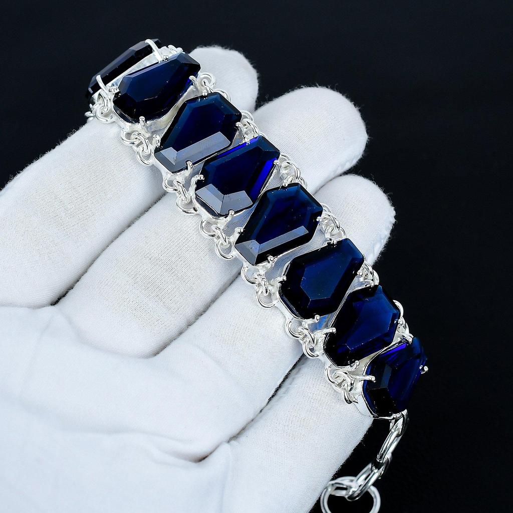 Blue Sapphire Necklace & Bracelet Jewelry Set, Coffin Blue Sapphire Gemstone 925 Sterling Silver Handmade Jewelry Unique Collection, Birthday Gift