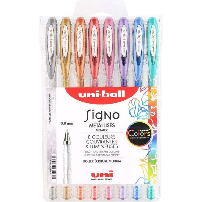 Stylos Roller Gel - UNI - Signo Métallisés - Écriture Large 1 Mm - 8 Coloris - 8 Pcs