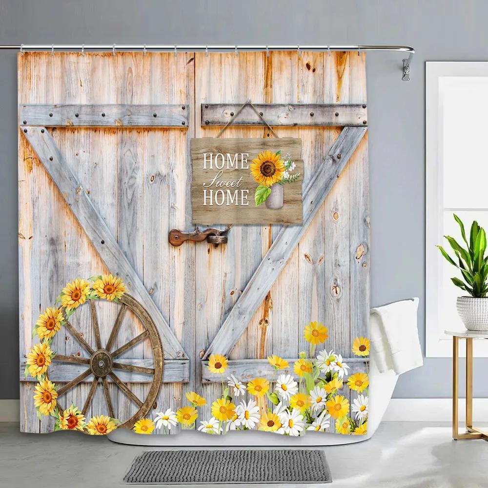 Vintage Rustic Wood Panel Shower Curtain Barn Door Floral Botanical Green Leaf Barn Farm Polyester Fabric Bathroom Decor Curtain
