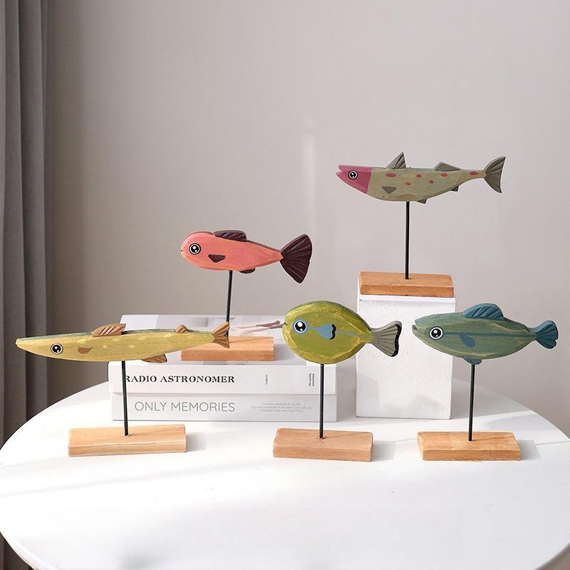 Retro Mediterranean Wooden 3D Fish Decorations Colorful Fish Desktop Ornament Ocean Crafts, for DIY Kids Room office Home Decor