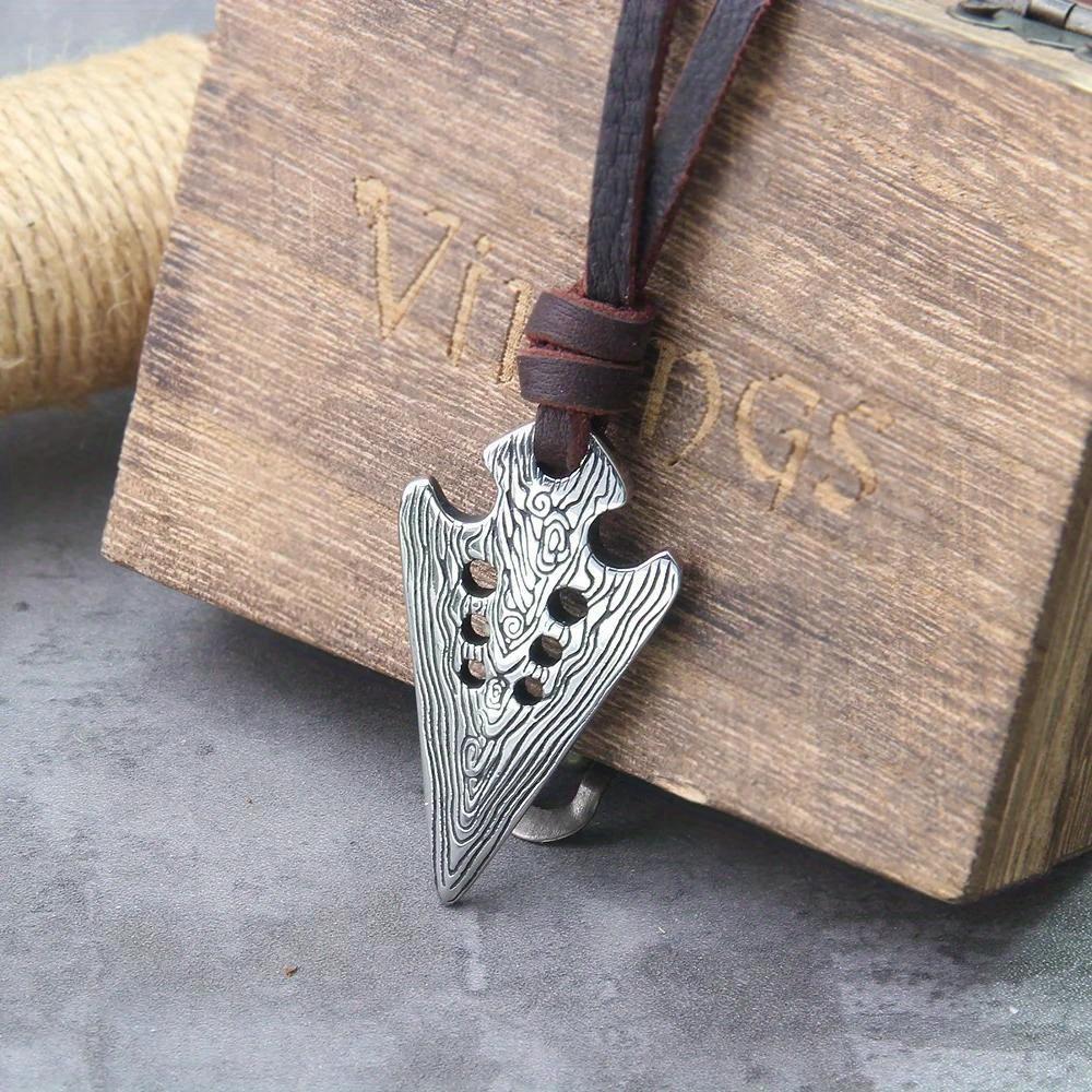 Viking Damascus Spear Pendant Necklace and Leather Chain As A Gift for Men