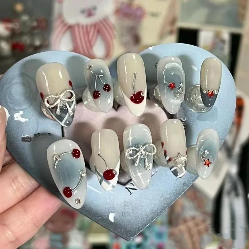 10Pcs Handmade Press on Nails French Almond Full Cover Cherries and Bow Design Fake Nails Sweet Cute Manicure Nail For Women