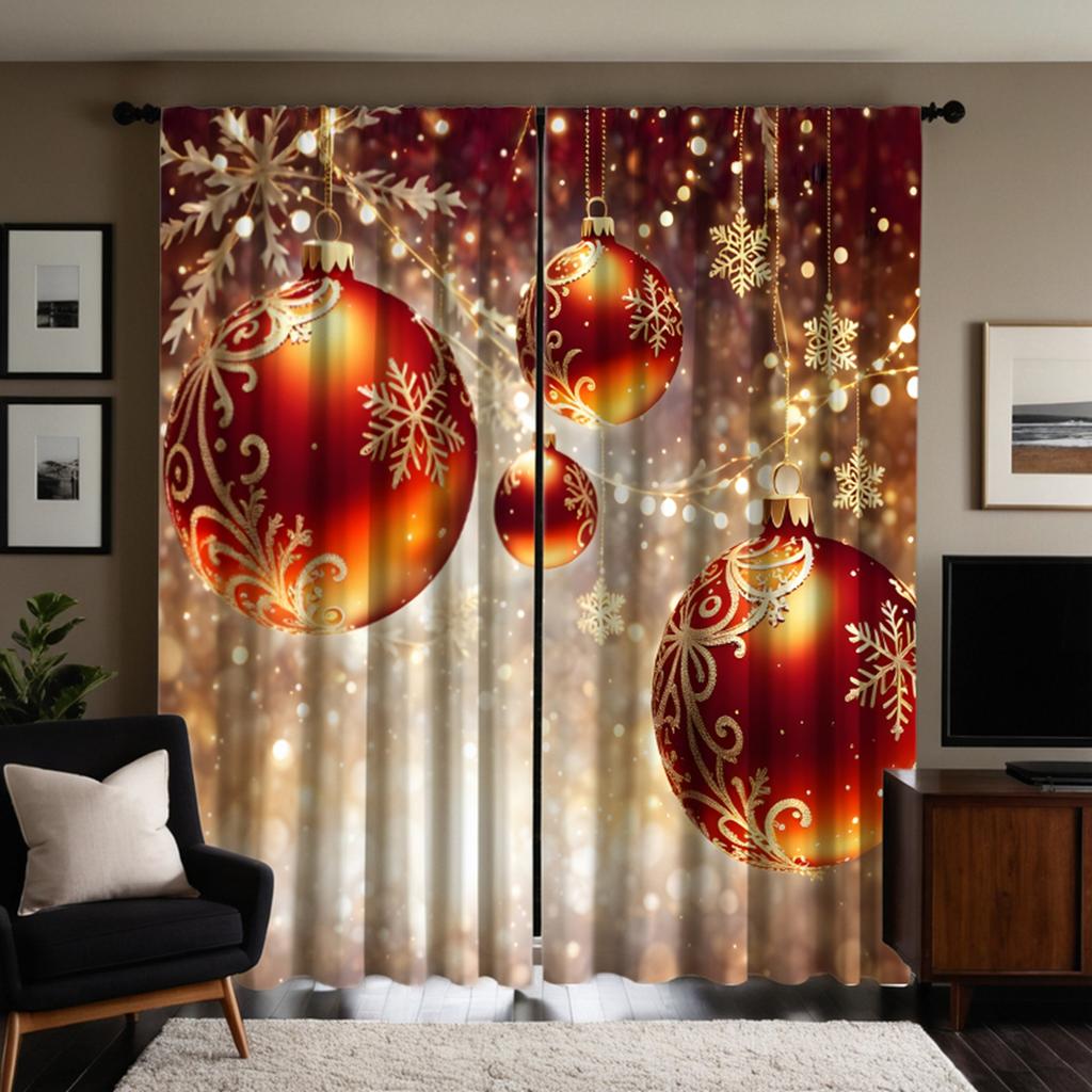 2pcs HD Christmas Snowflake Red Drop Ball Solid Decorative Curtain Yellow Tie Digital Printed Curtain Home Decoration Style D