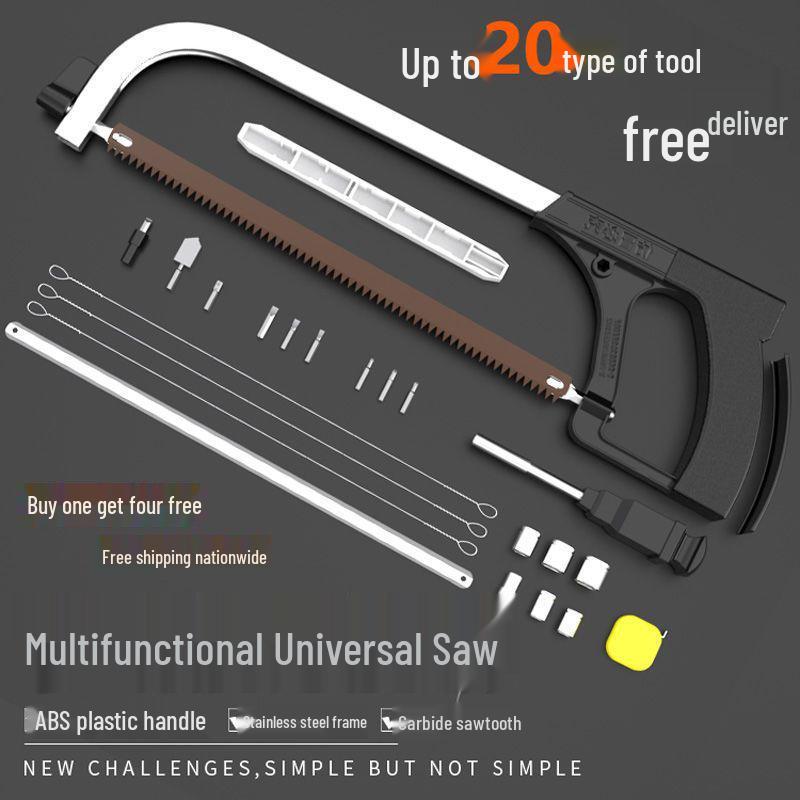 Universal Hacksaw Frame with Mini Fret and Jigsaw Blades for Woodworking and Household Use