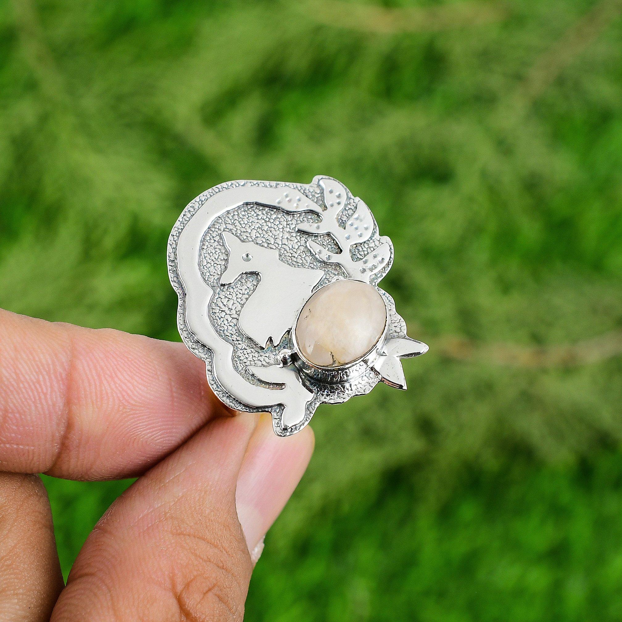 

925 Sterling Silver Pink Opal Gemstone Engagement Promise Statement Ring Jewelry Adjustable