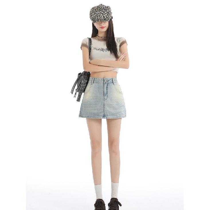 Blue Denim A- Line Mini Skirt Women'S High Waist Slimming Summer New Style Prevent Exposure Personality Wrap Around Short Skirt