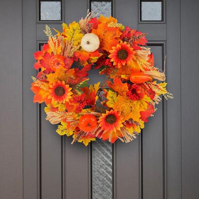 Yousheng Pumpkin Wreath Sunflower Maple Leaf Decor Artificial Garland Seasonal Atmosphere Thanksgiving Harvest Festival Decor