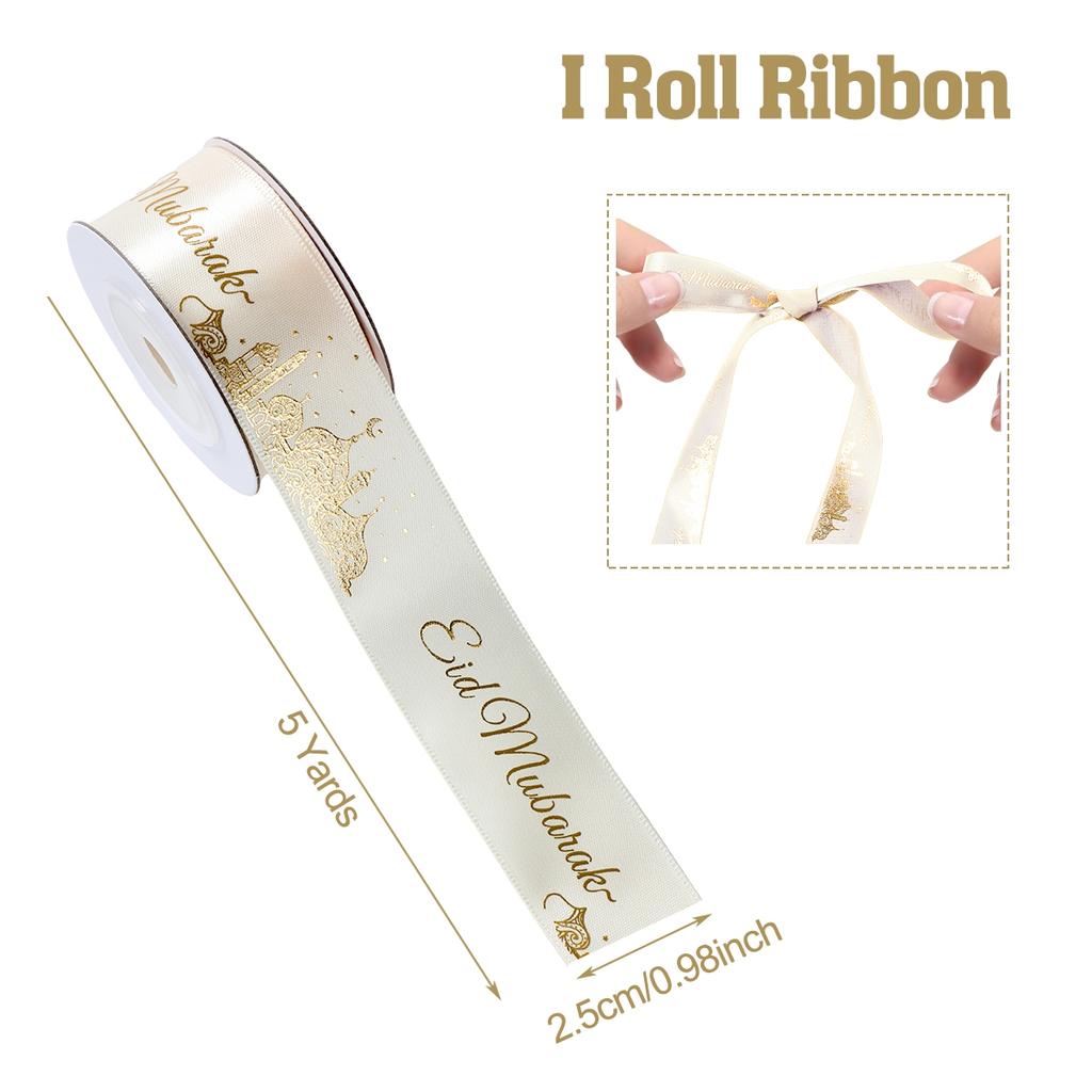 2.5cm 5 Yards Golden Print Roller Ribbons Eid Mubarak Festival Wrapping Ribbon Wrap Paper Gifts Islamic Muslim Party Supplies